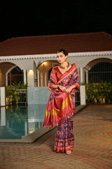 Traditional Indian silk saree with geometric Ikkat design showcased online