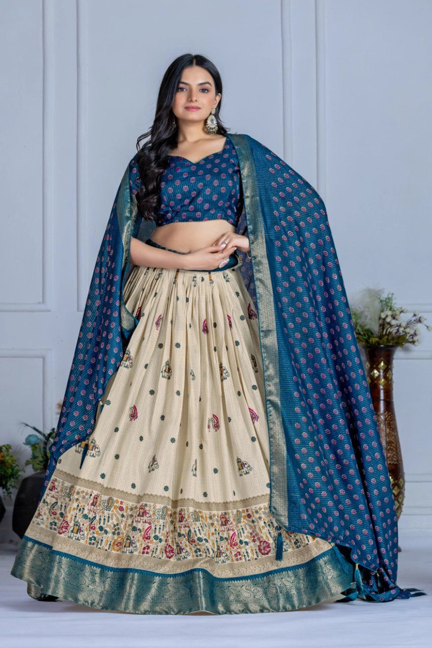 Woman wearing a traditional outfit with a blue dupatta and beige skirt against a white background