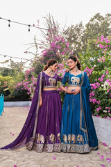 Full-length navy blue lehenga styled with heavy sequins embroidery and moti accents.