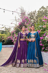 Luxurious navy blue Pure Fendy lehenga folded neatly, showcasing fine embroidery and sequins work.
