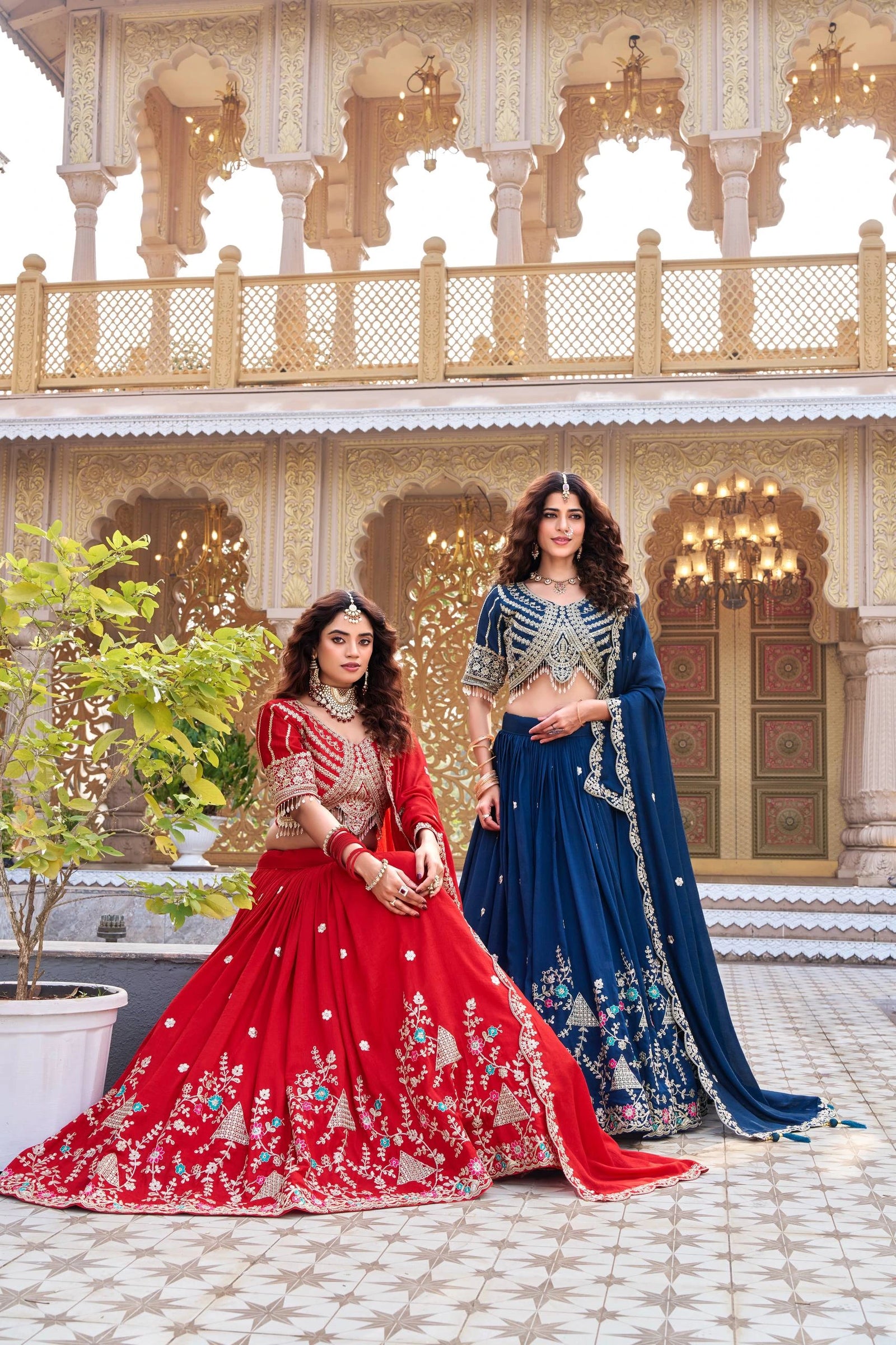 Shopify product page highlighting navy blue Vichitra lehenga with thread work design