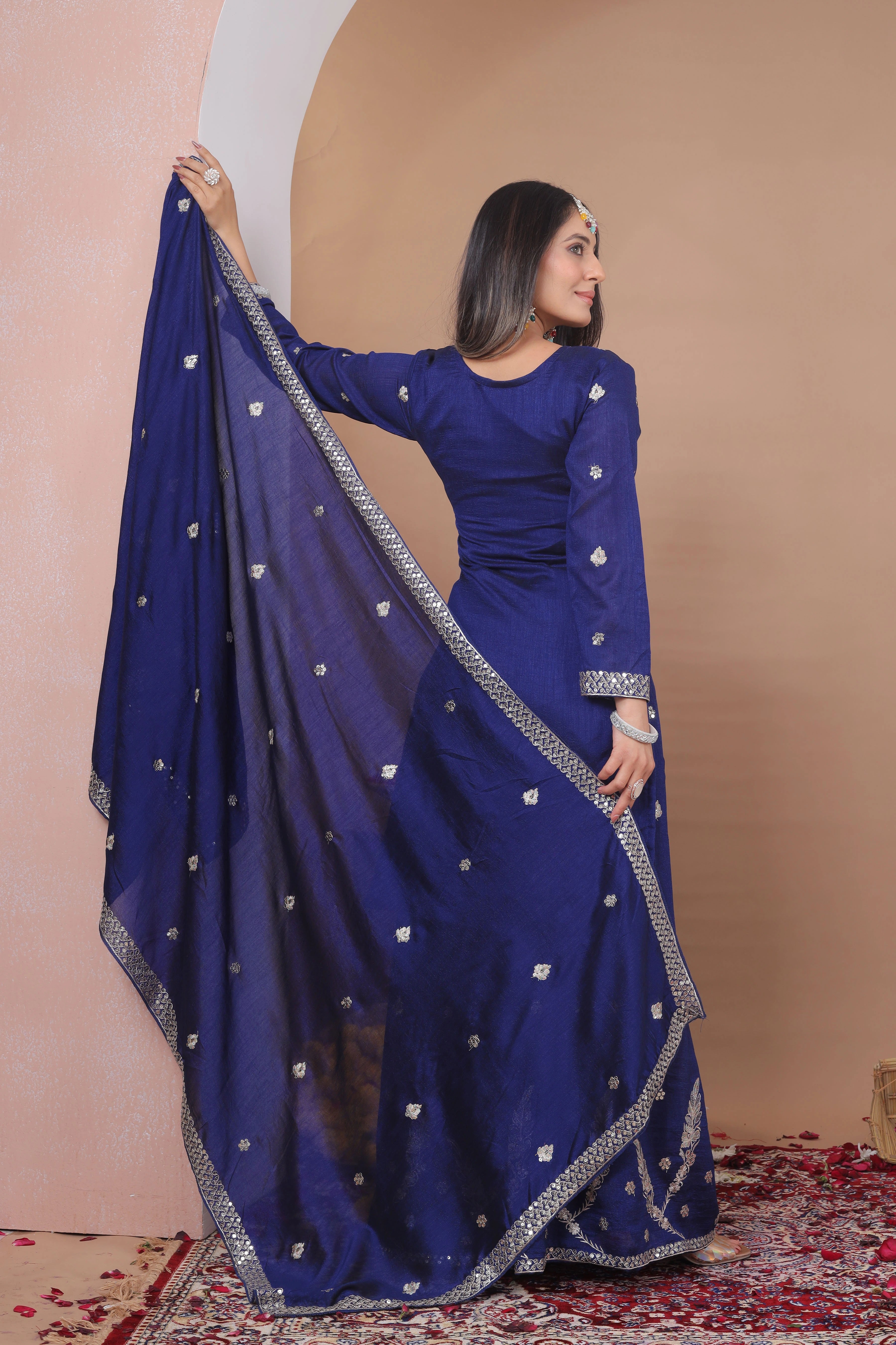 Woman wearing a blue saree with silver details against a beige background