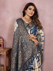 Woman wearing a traditional saree with intricate patterns against a pink background