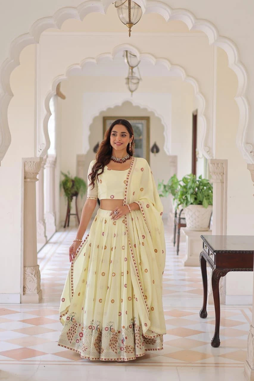 Off-White Thread Embroidered with Sequins Zari Work Vichitra Silk Lehenga