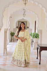 Off-White Thread Embroidered with Sequins Zari Work Vichitra Silk Lehenga