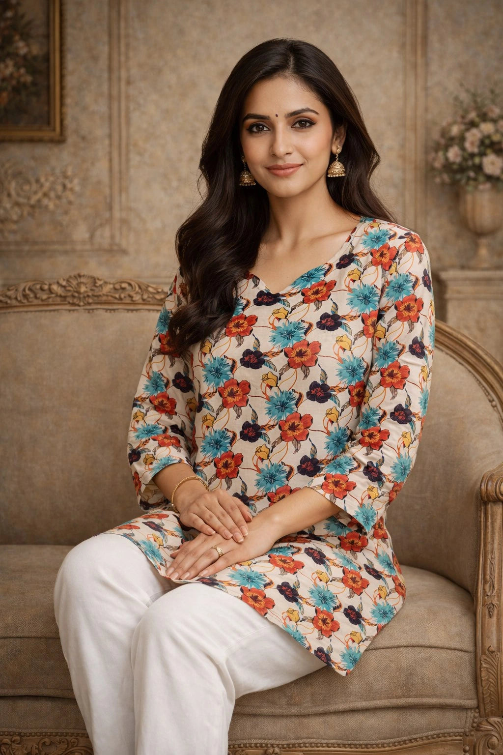 Woman wearing a floral kurta sitting on a couch in an elegant room.