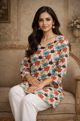 Woman wearing a floral kurta sitting on a couch in an elegant room.