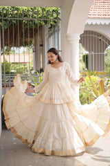 Stylish Women's Ivory White Lehenga Choli with Flared Silhouette, Decorative Golden Lace, and Ethnic Appeal