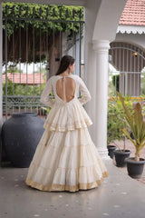 Women's Festive Off White Lehenga Dress with Layered Ghera, Golden Border Accents, and Timeless Ethnic Style