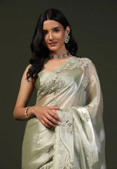 Woman wearing a light green saree with intricate patterns against a dark background