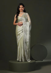 Woman in elegant light green embroidered saree posing on a pedestal