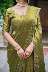 Close-up of Olive Green Diamond Work Saree blouse and pallu stone embroidery detail