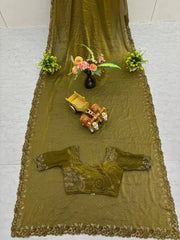Olive Green Diamond Work Saree flat lay top view with blouse and border detail