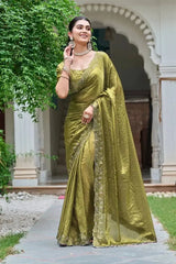 Olive Green Diamond Work Saree draped with scalloped stone-work border, front view