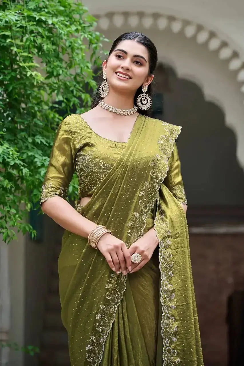 Close-up of Olive Green Diamond Work Saree pallu and blouse with diamond stone embroidery