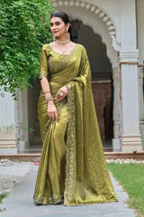 Olive Green Diamond Work Saree side angle view with scalloped border