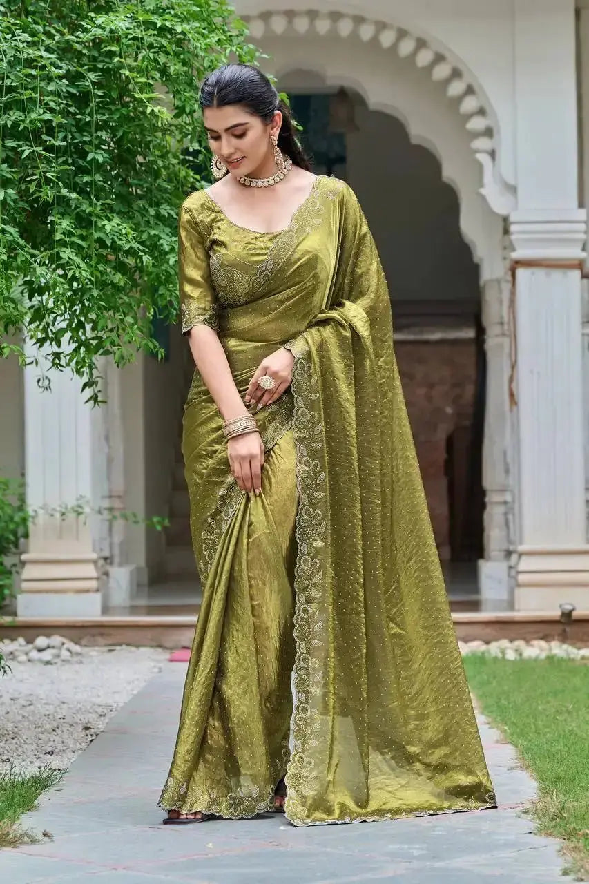 Olive Green Diamond Work Saree side view showing fabric drape and border detail