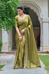 Olive Green Diamond Work Saree side view showing fabric drape and border detail