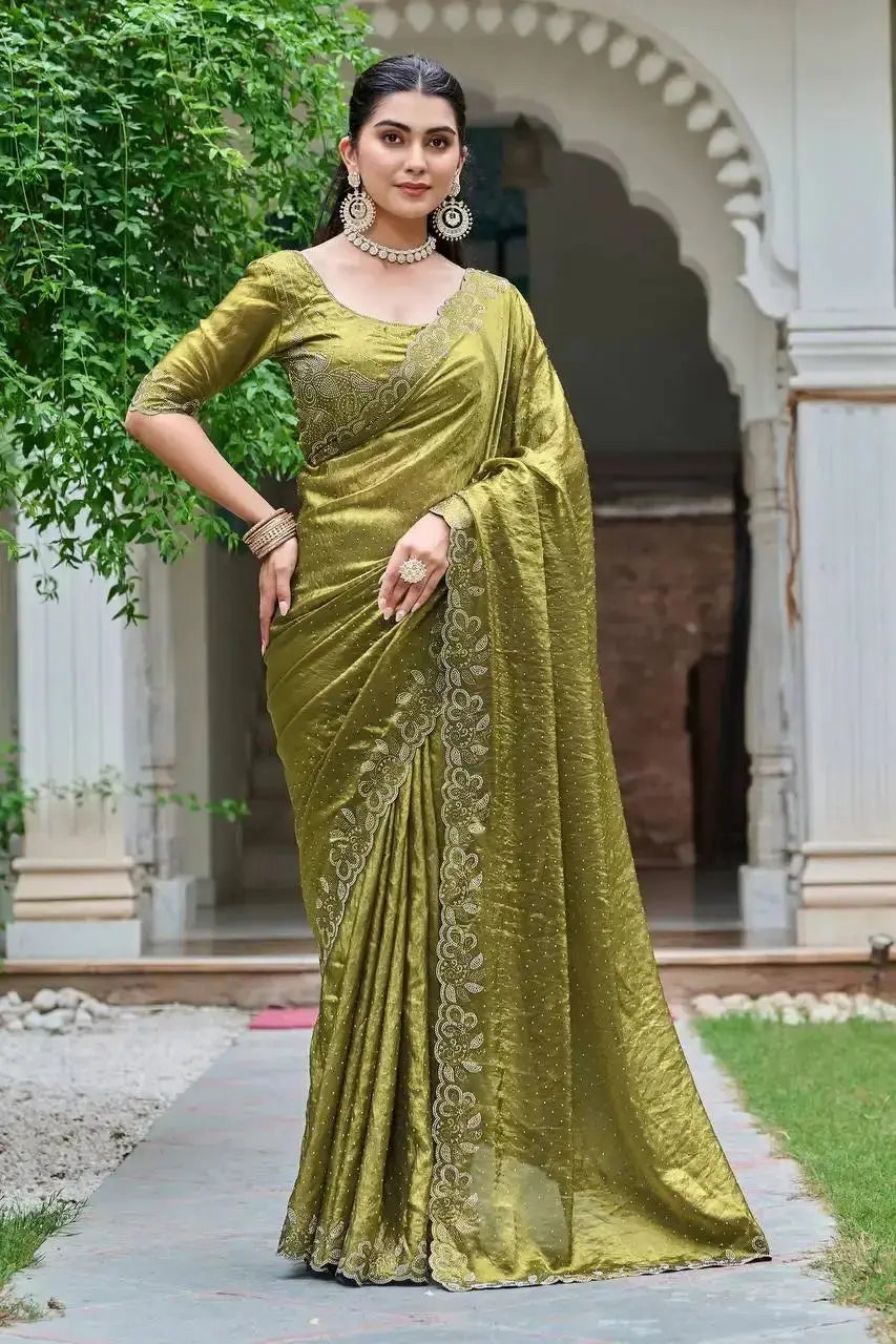 Olive Green Diamond Work Saree standing pose showing full drape and pallu