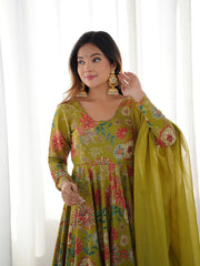 Close-up of Olive Green Discharge Print Suit neckline and print