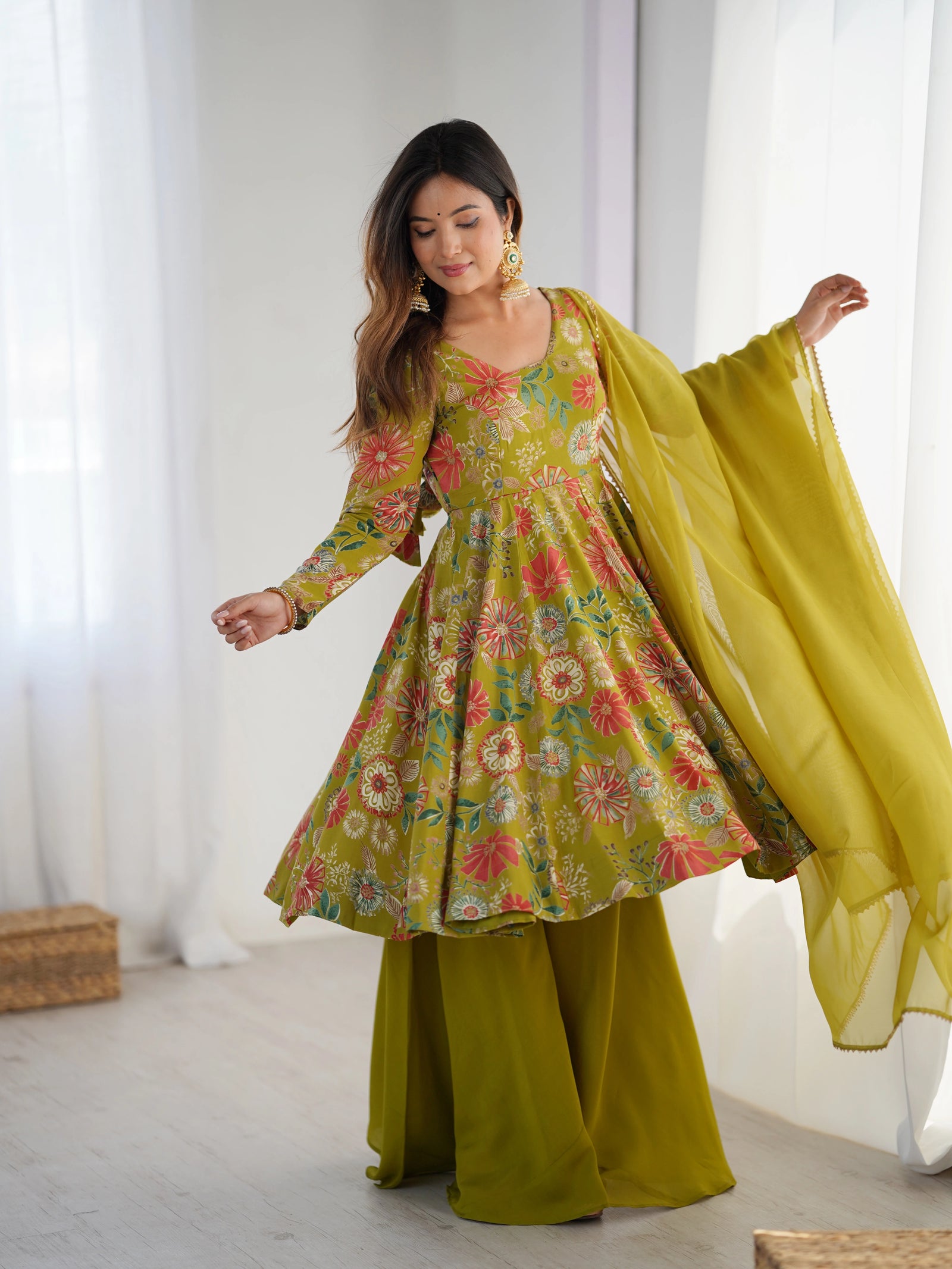 Olive Green Discharge Print Suit, front view with palazzo