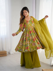 Olive Green Discharge Print Suit, front view with palazzo