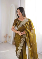 Close-up of Olive Green Zari Embroidered Saree blouse and pallu detail