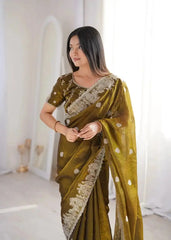 Olive Green Zari Embroidered Saree front view looking down