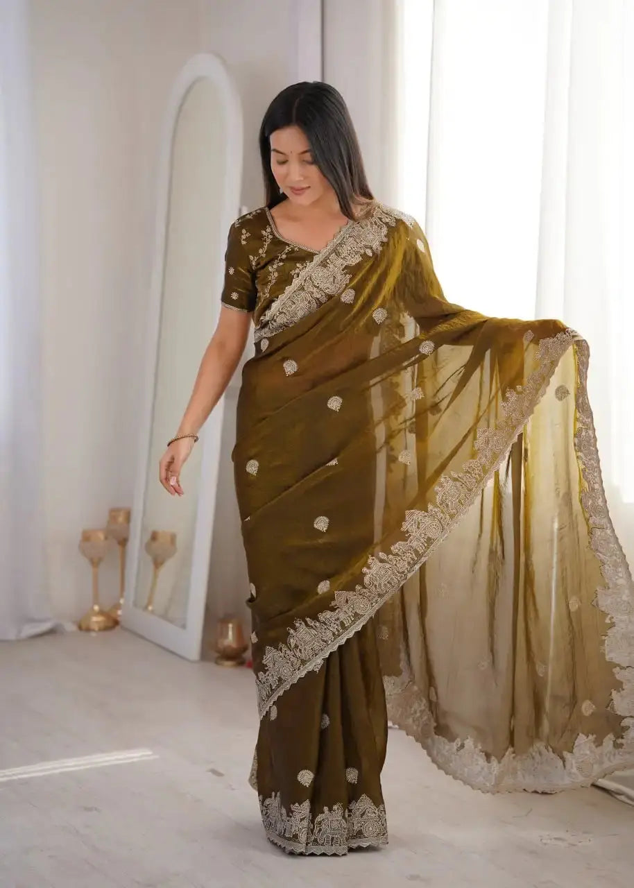 Olive Green Zari Embroidered Saree draped, front view showing hotfix border