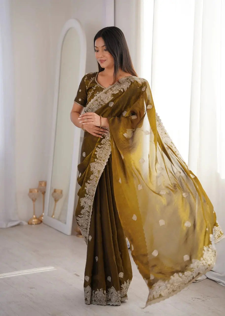 Olive Green Zari Embroidered Saree full body view with pallu detail
