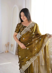 Olive Green Zari Embroidered Saree portrait leaning view