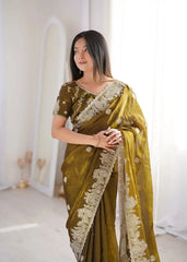Olive Green Zari Embroidered Saree portrait looking away