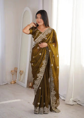 Olive Green Zari Embroidered Saree portrait front view