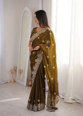 Olive Green Zari Embroidered Saree side profile view