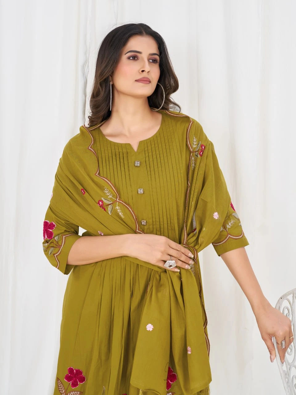 Trendy embroidered green kurta suit with floral accents, matching wide-leg pants, and a flowing dupatta for a sophisticated festive appearance.