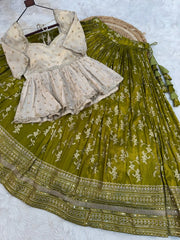 Green embroidered saree with a white blouse on a light gray background