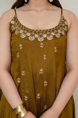 Brown dress with floral embroidery on a plain background