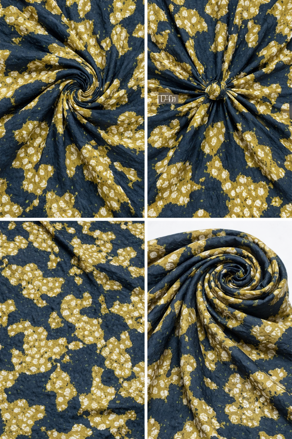 Navy blue fabric with gold floral pattern, shown in four different folds.
