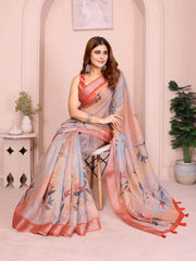 Orange Floral Print Linen Cotton Saree – seated front drape view on model