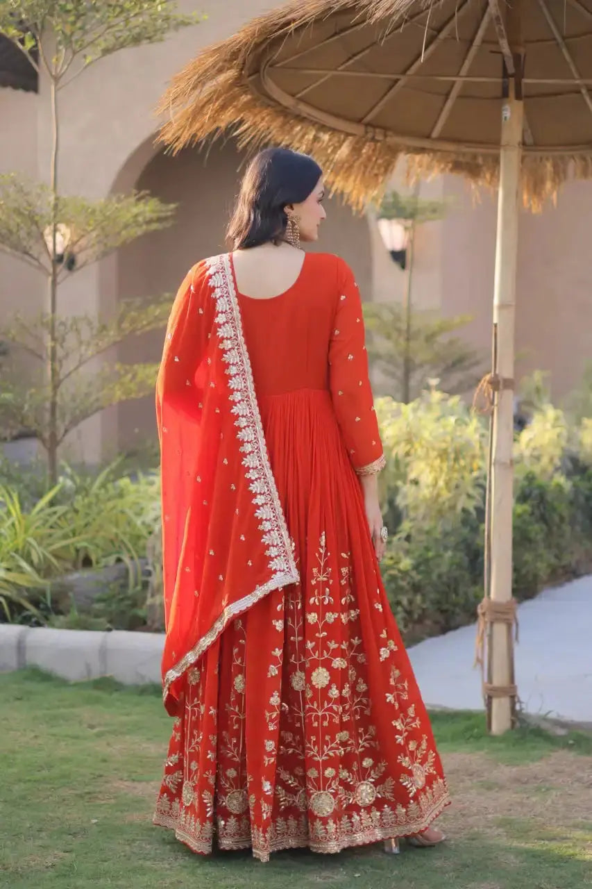 Orange Sequins Embroidered Anarkali Suit Back View – Plain Round Back with Embroidery Detail KU221