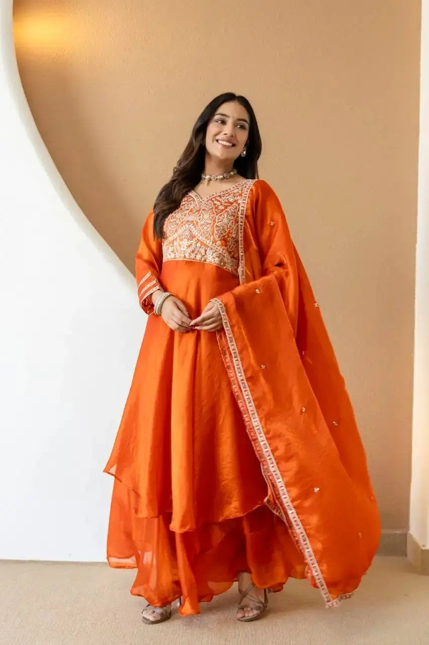 Orange Sequins Embroidered Suit with Dupatta Draped – Anarkali Silhouette Full View