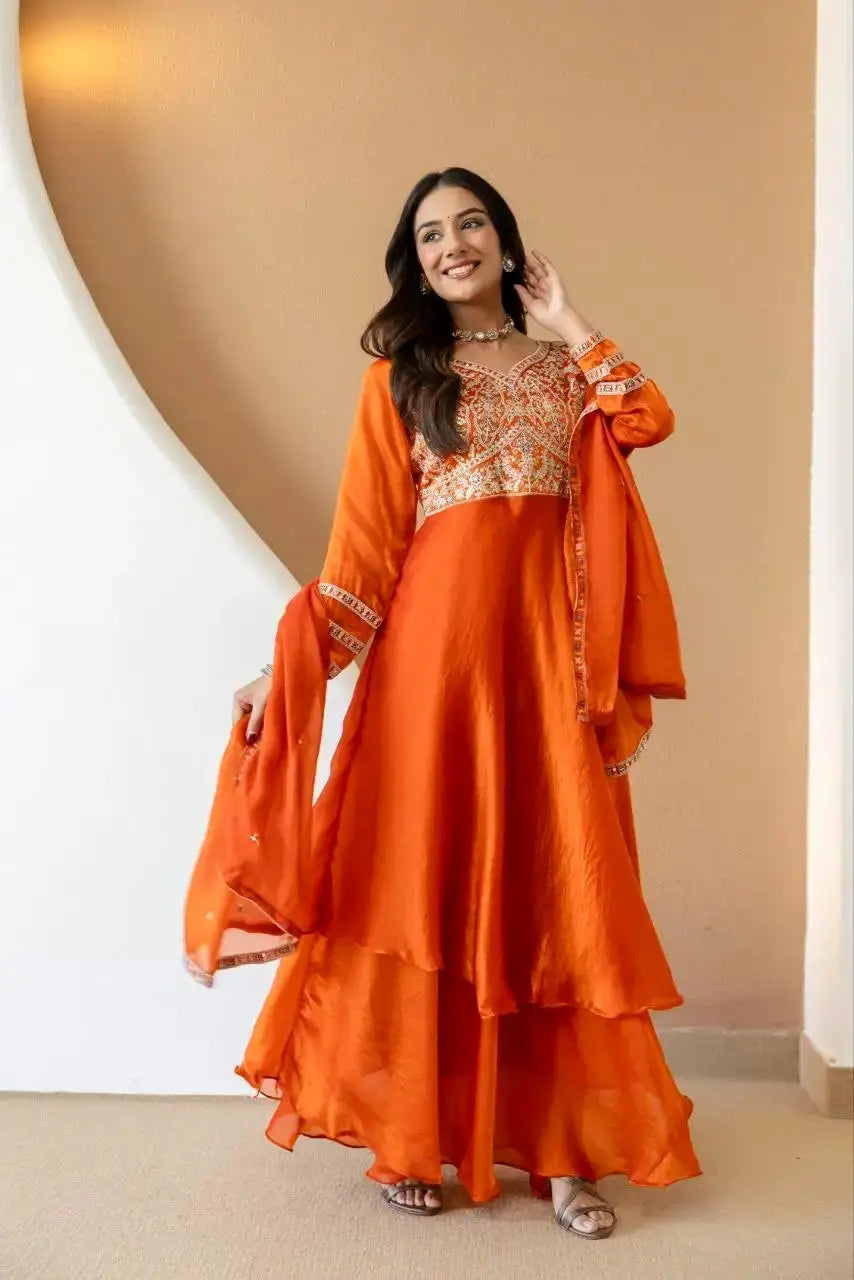 Orange Anarkali Suit – Full Sleeve with Sequins Yoke and Spread Dupatta