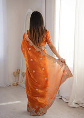 Orange Zari Embroidered Saree back view showing pallu drape
