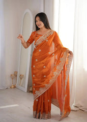 Orange Zari Embroidered Saree front view with hand out showing drape