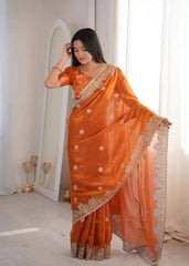 Orange Zari Embroidered Saree draped, front view showing hotfix border
