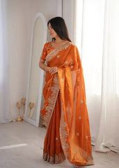 Orange Zari Embroidered Saree side profile view
