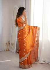Orange Zari Embroidered Saree back and side view with hand near face