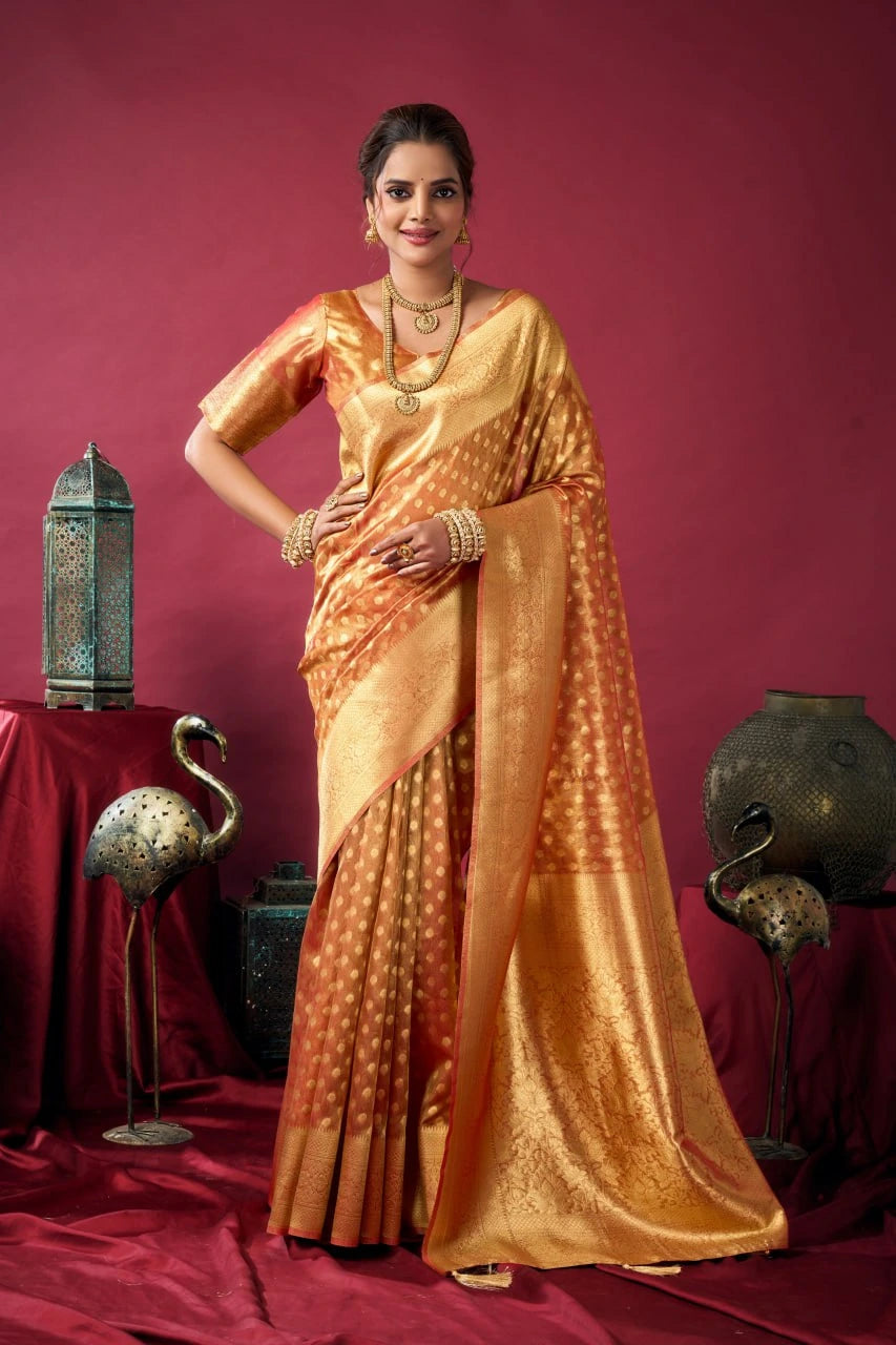 Woman in a traditional orange saree standing against a red background with decorative elements.