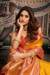 Woman in a traditional saree with a decorative background