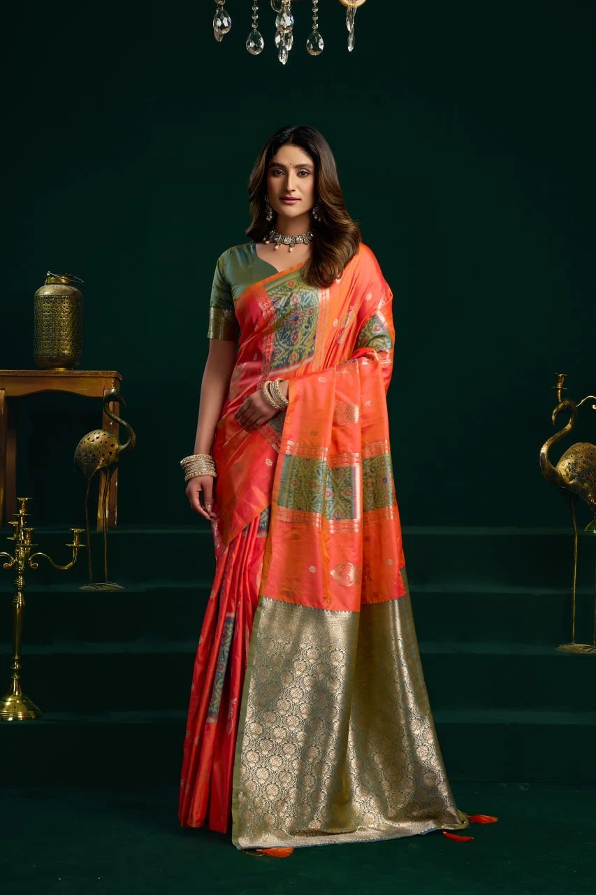 Woman wearing a traditional saree with a green and orange pattern on a dark background